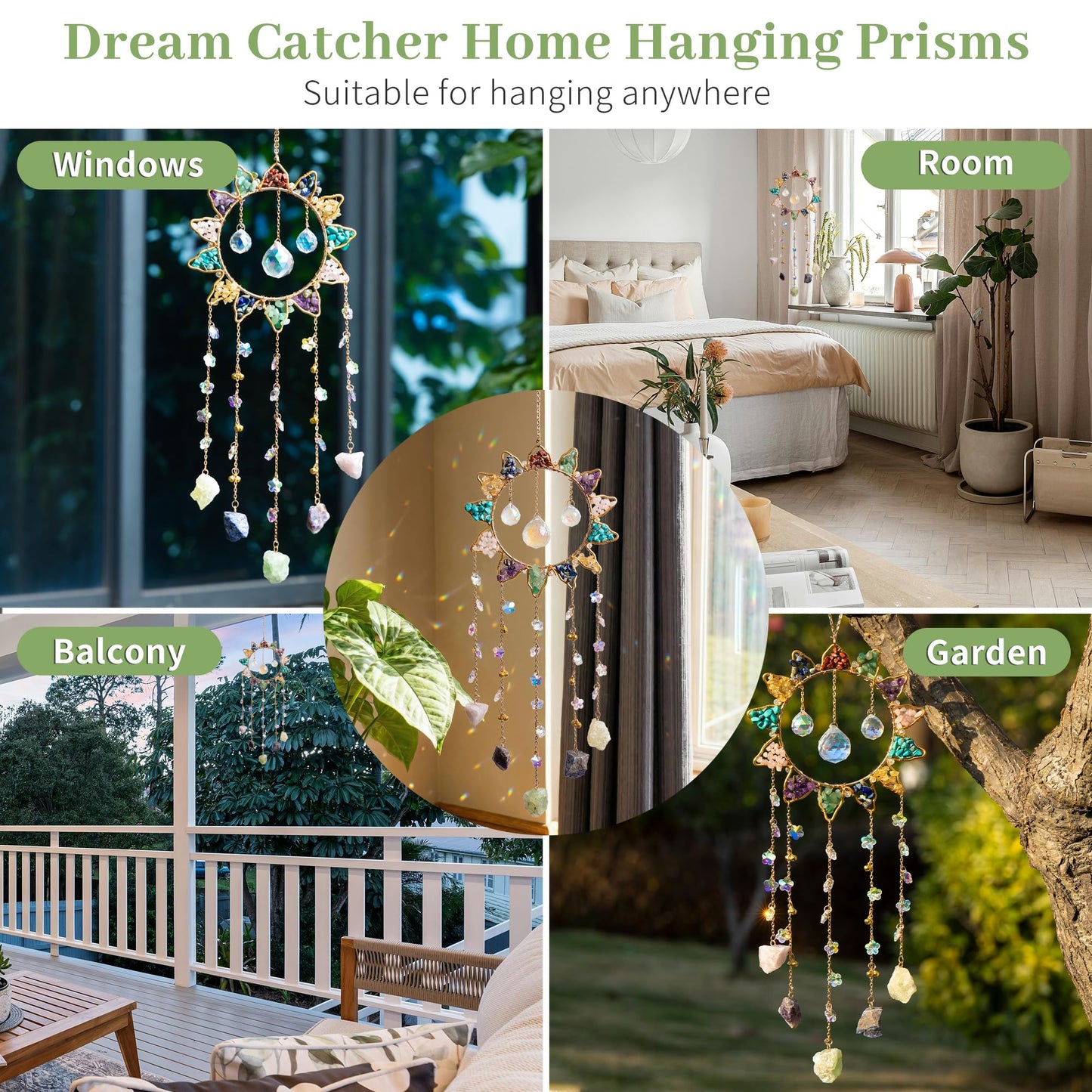 Tree of Life Crystal Sun Catcher Hanging Decor, Handmade Gift for Wall and Window with 3 K9 Crystal Prism Balls & Natural Crystal Stone, Rainbow Maker Decor Ornament for Home, Bedroom, Balcony