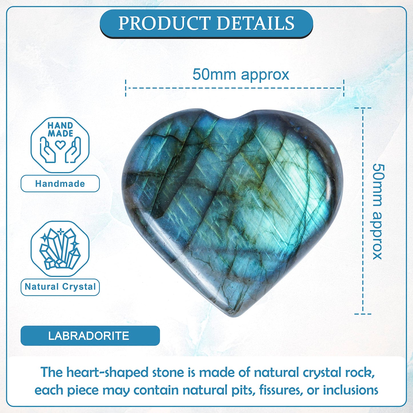 Crocon 50mm Labradorite Heart Stone Big Heart Shape Puff Stones Set 450+ Carats Pocket Crystal Healing Tumble Collection Palm Worry Stone Good Luck Charm Meditation Gift Craft Home Decor