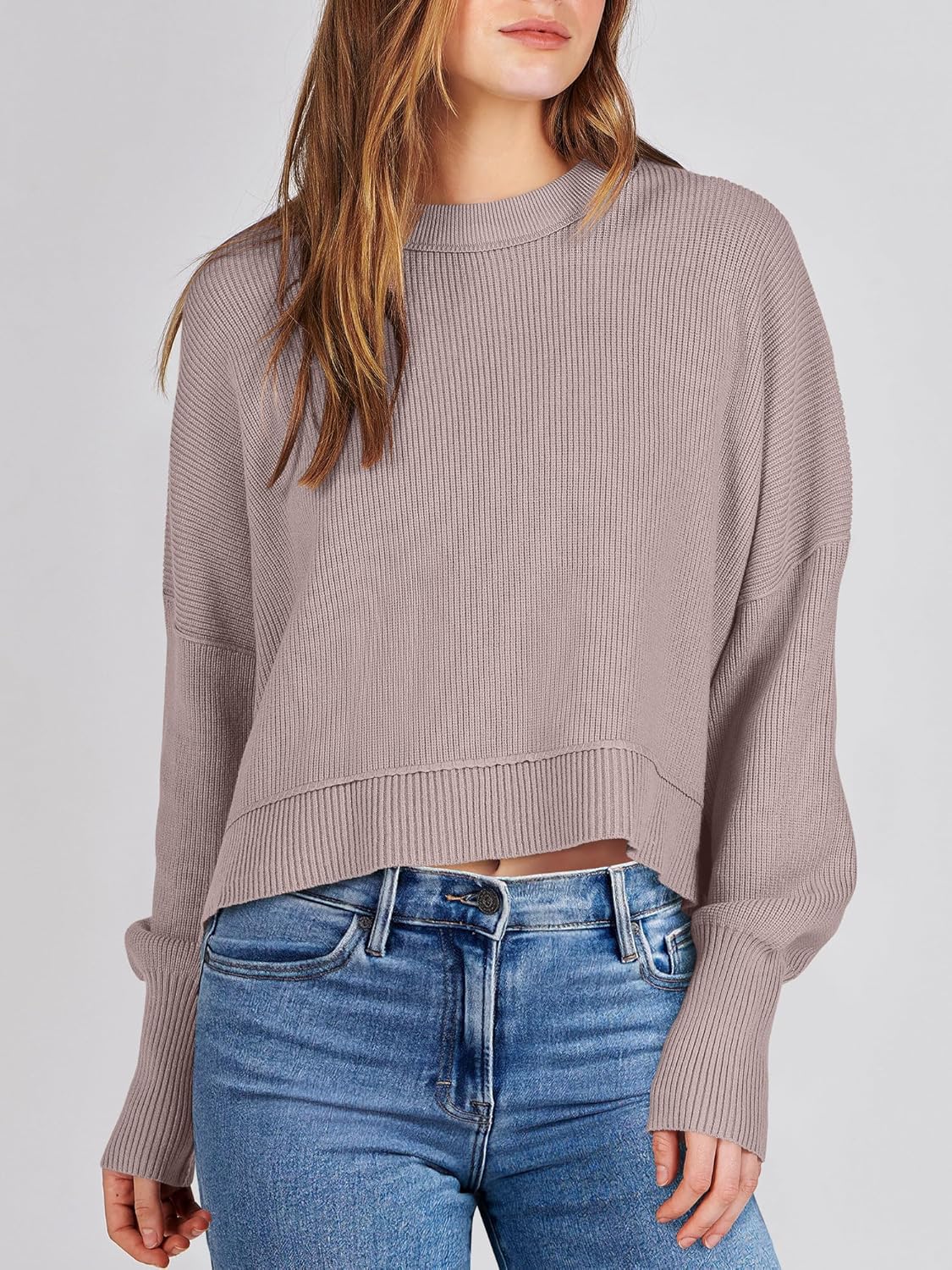 ANRABESS Womens Cropped Sweaters Oversized Crewneck Long Batwing Sleeve Side Slit Ribbed Knit Pullover Tops 2025 Fall Clothes