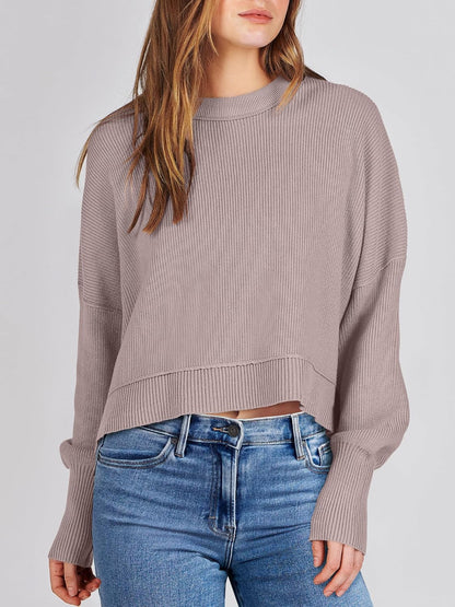 ANRABESS Womens Cropped Sweaters Oversized Crewneck Long Batwing Sleeve Side Slit Ribbed Knit Pullover Tops 2025 Fall Clothes