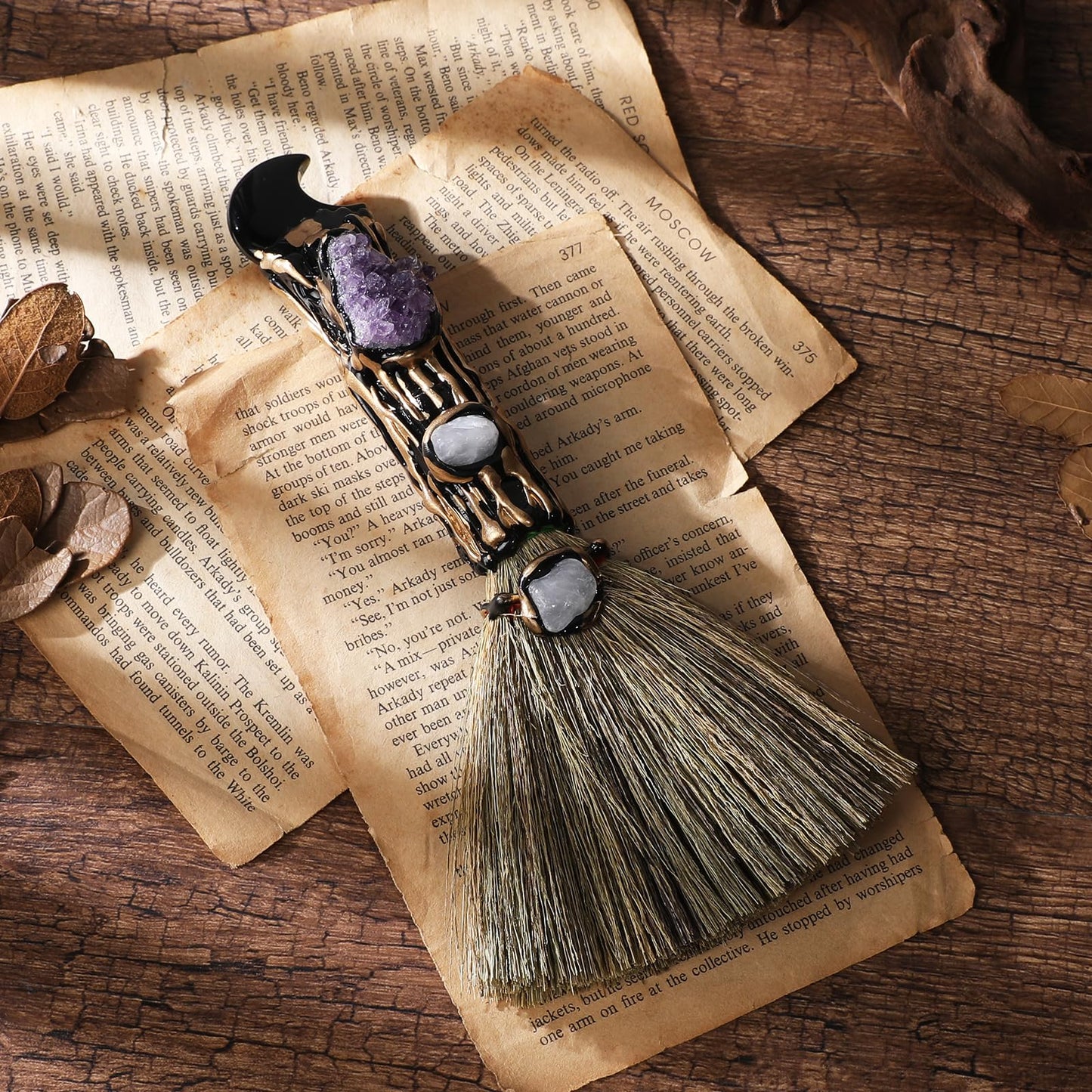RENEMEGO Witch Crystal Altar Broom - Witchcraft Supplies Wiccan Decor Altar Supplies with Moon Black Obsidian Natural Healing Crystals Reiki Energy Emotional Regulation Wealth Attraction Crafts