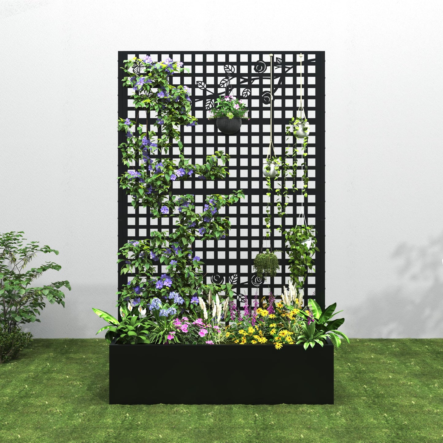 Coumy Metal Raised Planter Box with Trellis & Privacy Screen, 70.9"x 43.3"x 15.8"Free-Standing Garden Bed with Drainage Holes for Climbing Plants, Vegetables and Vines