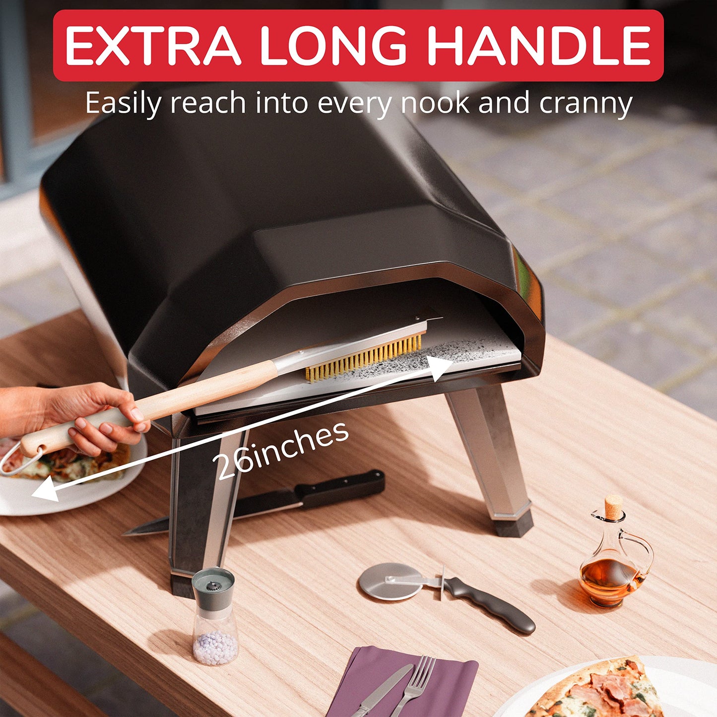 Senwosa Pizza Oven Brush with Stone Scraper - 66 cm - Stainless Steel Bristles, Extra Long Handle, Heat-Resistant - Compatible with Ooni Ovens - Includes Spare Head