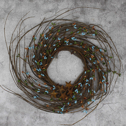CVHOMEDECO. Primitives Rustic Pip Berries and Twig with Rusty Barn Stars Wreath, 12-Inch, Country Mix