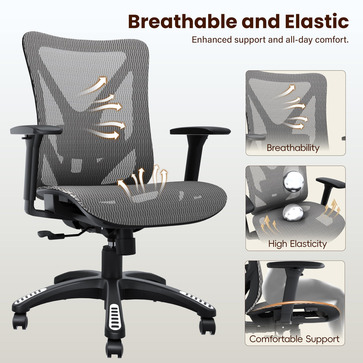MOLENTS Ergonomic Office Chair, Mesh Computer Desk Chairs with Adjustable Lumbar Support, 3D Armrest, Tilt Function, Comfy Wide Seat, Executive Work Task Chair for Company & Home, Gaming Chair (Grey)