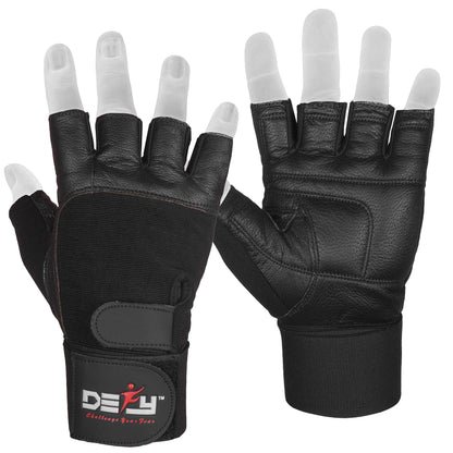 DEFY Padded Weight Lifting Gloves with 13" Long Wrist Wrap Genuine Leather Gym Gloves for Power Lifting, Cross Training, Workout Black