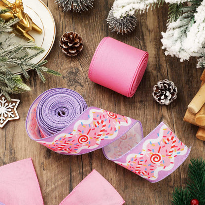 JarThenaAMCS Christmas Wired Edge Ribbon Pink Purple Candy Cane Fabric Craft Ribbon for Wreath Bow Making DIY Crafts Wrapping, 2 Roll, 20 Yards