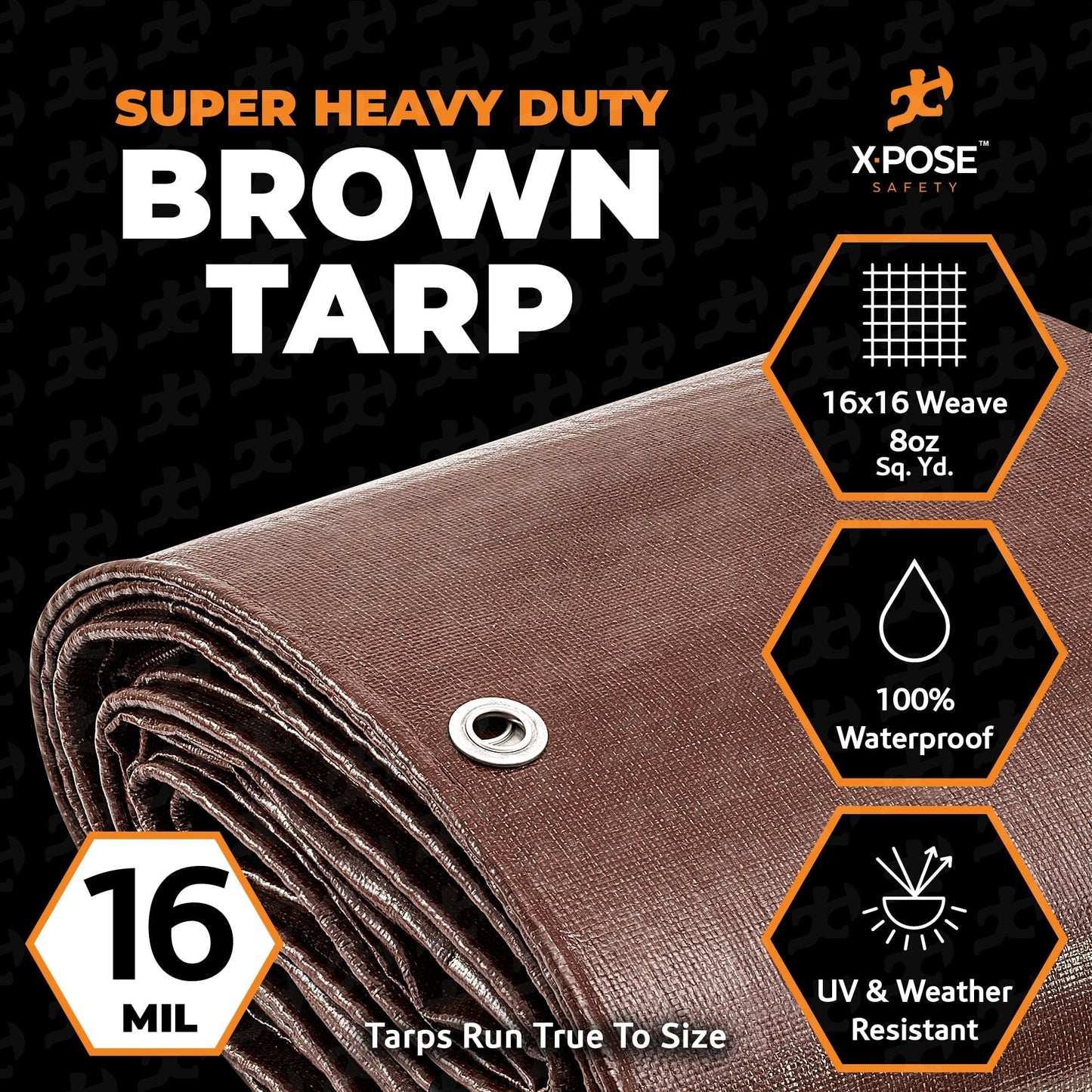 18' x 24' Super Heavy Duty 16 Mil Brown Poly Tarp Cover - Thick Waterproof, UV Resistant, Rip and Tear Proof Tarpaulin with Grommets and Reinforced Edges - by Xpose Safety