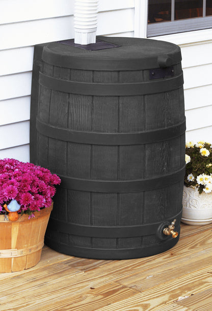 Good Ideas Rain Wizard 50 Gallon Plastic Outdoor Rain Barrel Water Storage Collector with Brass Spigot and Flat Back Design, Black