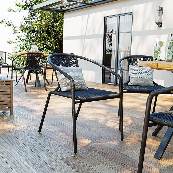 Amopatio Outdoor Dining Chairs Set of 6, Rattan Patio Chairs Wicker, Stackable Indoor-Outdoor Chair, Bistro, Deck, Yard, Porch, Restaurant Stack Chairs, Black