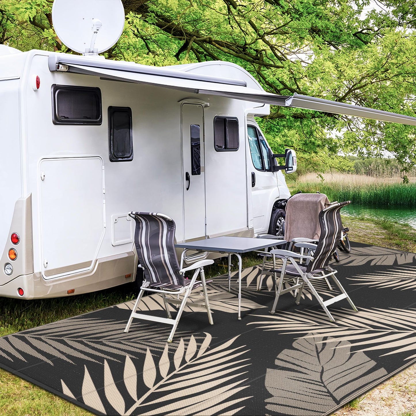 GENIMO Outdoor Rug 9' x 18' Waterproof for Patios Clearance, Reversible Outdoor Plastic Straw Camping Rug Carpet, Large Area Rugs Mats for RV, Camper, Deck, Balcony, Porch, Beach, Picnic, Black&Beige