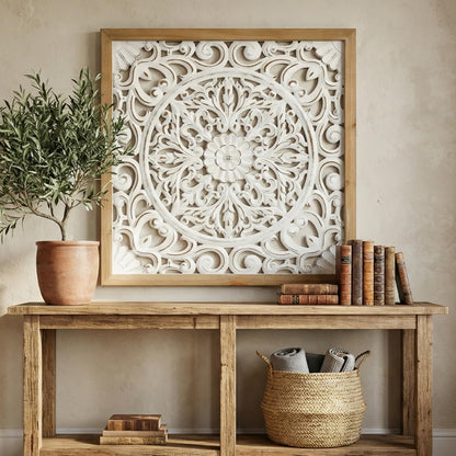 XIAOAIKA Boho Carved Wood Wall Sculpture, Intricate Floral Mandala Design with Distressed White Finish, Vintage Farmhouse Wall Art Panel with Solid Wood Frame for Bedroom Entryway (22.5" x 22.5")