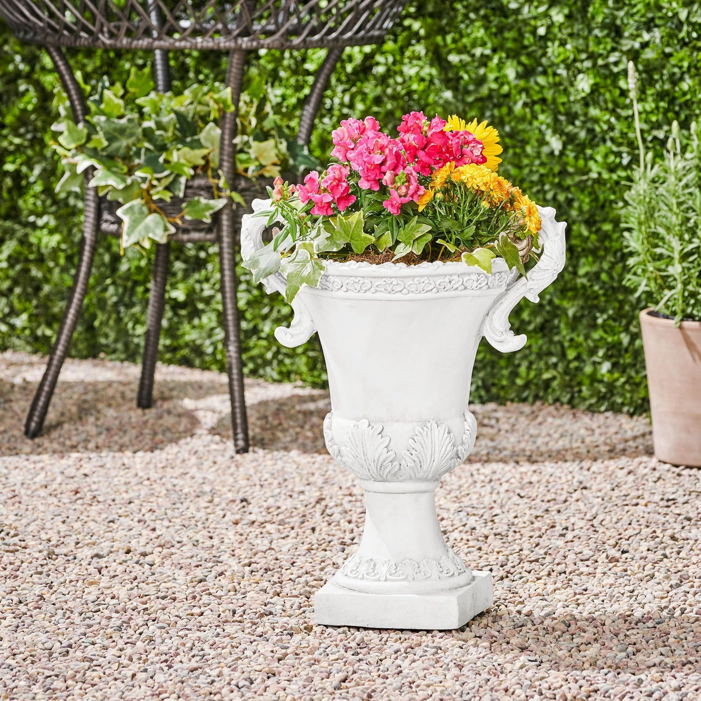 Garden Urn Planter – Roman Design, Faux-Stone Finish, Weather-Resistant for Indoor/Outdoor Use, Multi-Purpose Planter with Drainage Hole and Stopper