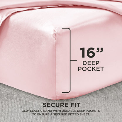 Juicy Couture Full Size Silk Satin Bed Sheet Set, Deep Pocket Silky Full Sheet Set with 1 Fitted Sheet, 1 Flat Sheet and 2 Pillow Case, Wrinkle Resistant and Anti Pilling Bed Sheets - Pink
