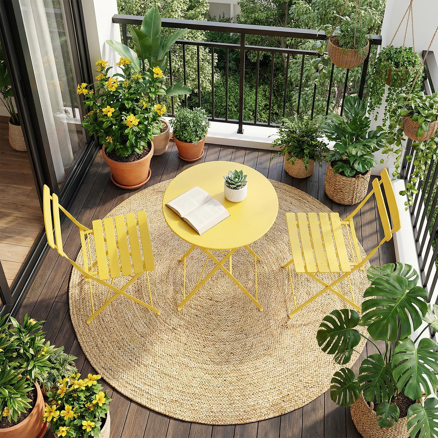GarveeHome 3 Piece Foldable Patio Bistro Set, Outdoor/Indoor Metal Table and Chairs Furniture, Compact Round Table with 2 Folding Chairs for Balcony, Porch, Garden, Apartment, Small Space, Yellow