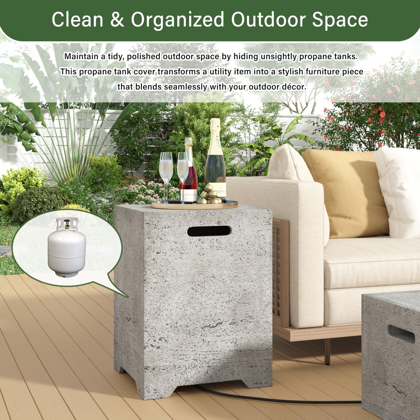 Merax Outdoor 15.75''MGO Propane Tank Cover Table, Propane Tank Holder with Handles on Both Sides & Groove Hole at The Bottom,Fire Side Table for Gas Fire Pits,No Assembly Needed, Light Gray