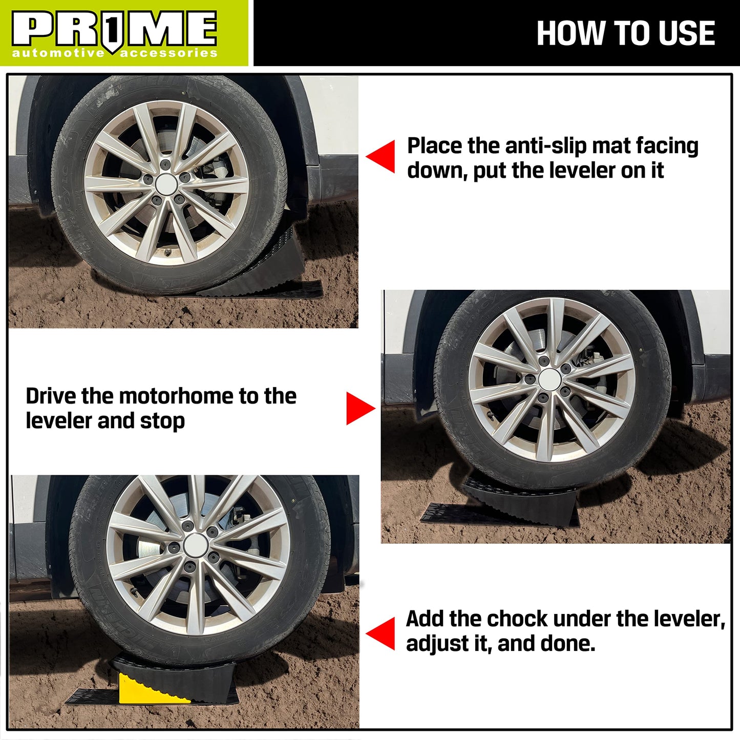 PR1ME RV Leveling Blocks, Heavy Duty Camper Leveler Kit, 2 Pack Curved RV Levelers with Anti-Slip Mats & Wheel Chocks, Faster Leveling System for Travel Trailer, Motorhome & Dual Axles
