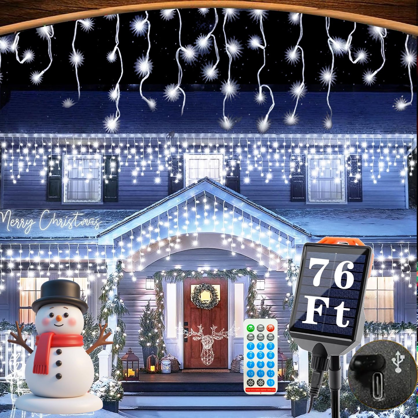 Aolupal Upgraded 640LED Solar Christmas Icicle Lights Outdoor Waterproof,60+16FT 13 Modes & USB Rechargeable Solar Powered Icicle Light for Roof House Yard Christmas Outdoor Decoration (Cool White)
