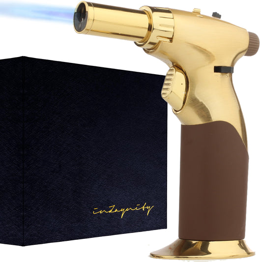 Dual Flame Butane Torch Gun - Refillable Luxury Hand Held Mini Blow Torch for Cooking, Creme Brulee, Soldering, Welding, & Resin Art - Adjustable Flame with Ignition Lock - Gold Brown by inZaynity