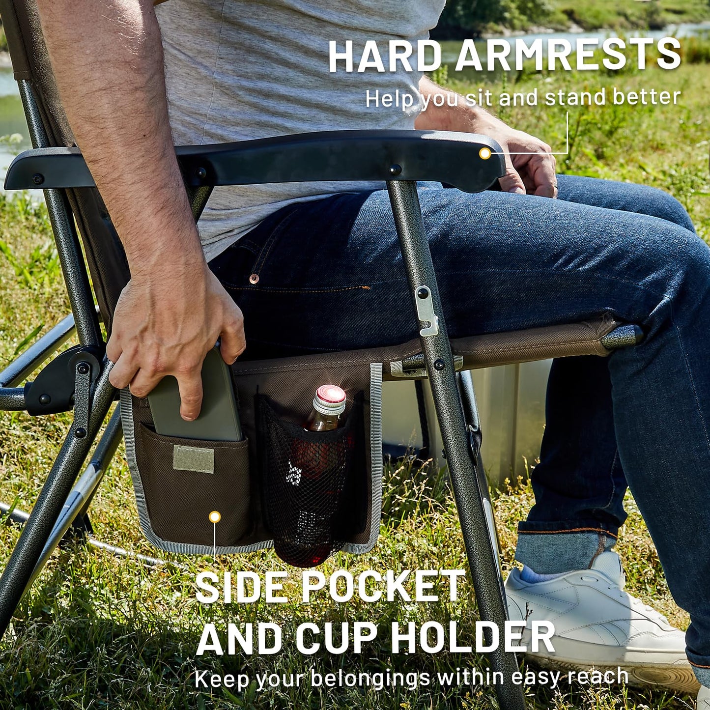 TIMBER RIDGE Foldable Padded Rocking Chair for Outdoor, High Back and Heavy Duty, Portable for Camping, Patio, Lawn, Garden, Yard or Balcony, Supports 300lbs (Brown)