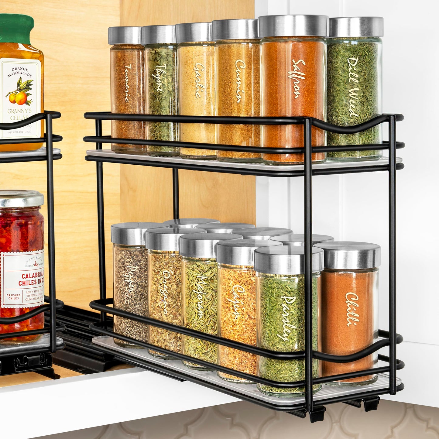 LYNK PROFESSIONAL® Pull Out Spice Rack Organizer for Inside Kitchen Cabinets - 4-1/4 inch Wide - Slide Out Drawer – Chrome Sliding Spice Cabinet Organization Shelf Racks - 2 Tier