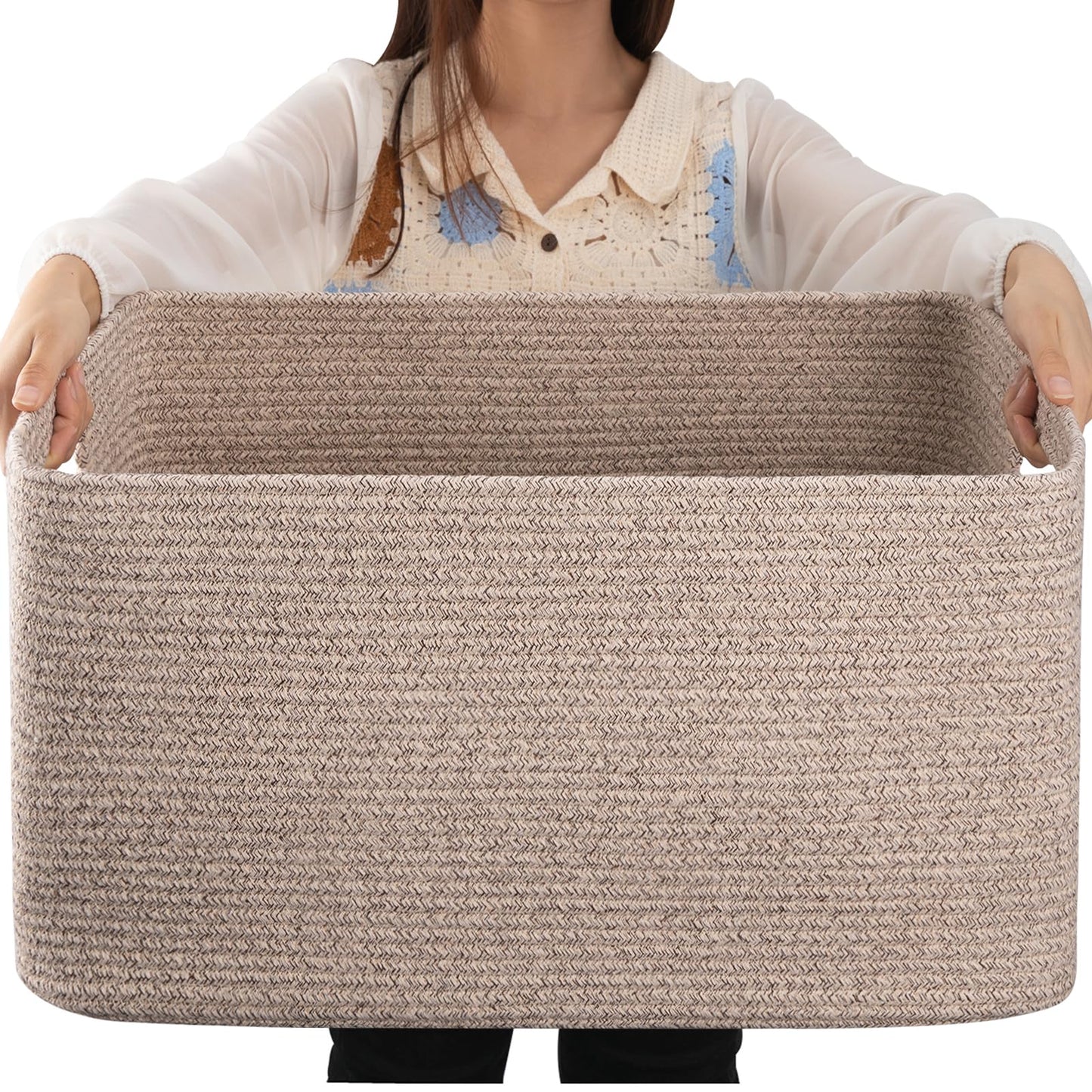 OIAHOMY 75L Large Blanket Basket, Woven Blanket Storage Basket with Handle, Cotton Rope Basket for Organizing 22”x17”x12”, Blanket Basket living Room, Toy Basket for Nursery, Brown variegated