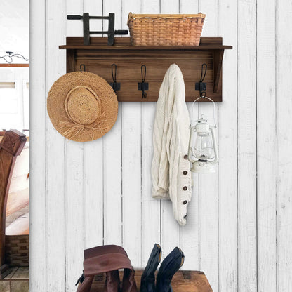HBCY Creations Rustic Brown Solid Wood Wall Mounted Coat Rack with Shelf, 5 Hooks, 24" Long - Kitchen, Mudroom, Entryway, Bathroom - Includes Mounting Hardware, Coat Hanger, Dog Leash Hooks
