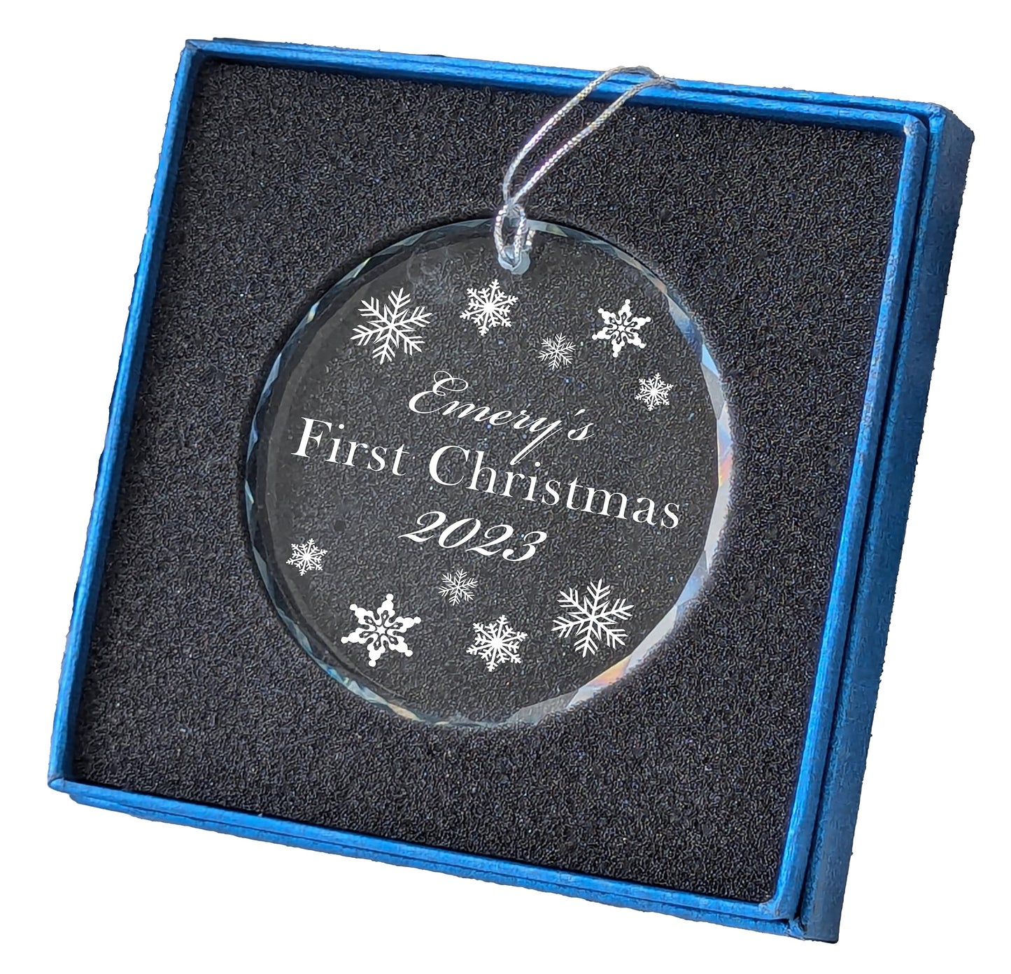 Personalized Crystal “First Christmas” Ornament – 3 in Round Keepsake with Gift Box & Ribbon – Custom Name & Year Baby, Couple or Family
