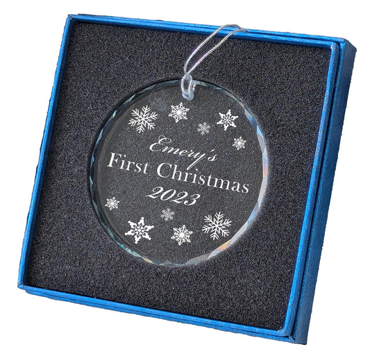 Personalized Crystal “First Christmas” Ornament – 3 in Round Keepsake with Gift Box & Ribbon – Custom Name & Year Baby, Couple or Family