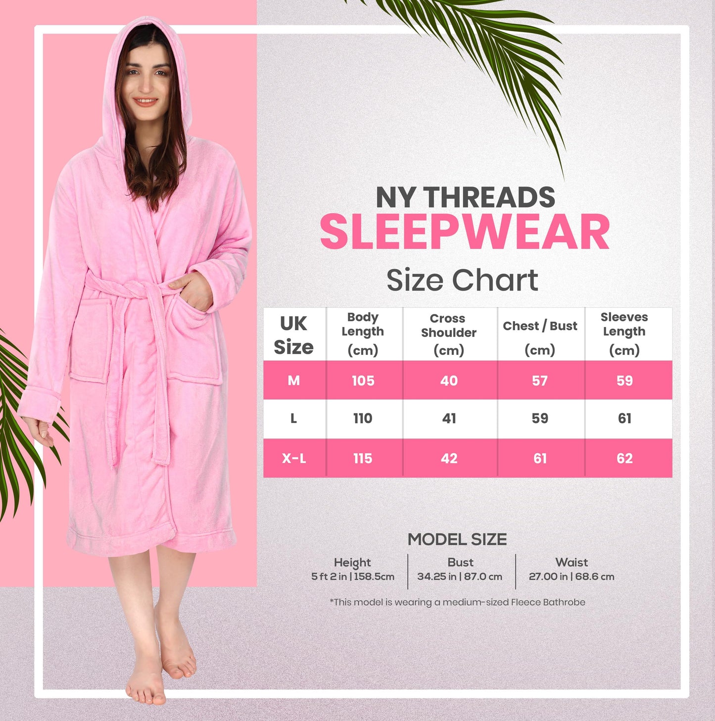 NY Threads Luxury Ladies Hooded Dressing Gown Super Soft Fleece Women's Robe Comfortable Loungewear and Nightwear, Pink, Medium