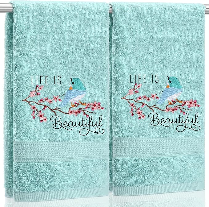 2 Pcs Bird Hand Towels Mint Green Bathroom Decor 14x29 Inch Embroidered 100%