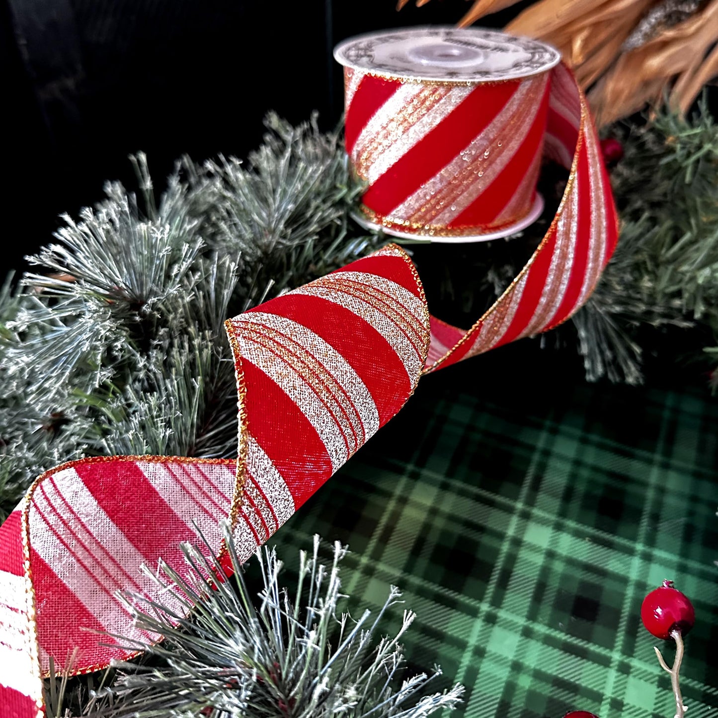 Red Gold Striped Wired Ribbon - 2 1/2" x 10 Yards, Glittery, Sparkly, Christmas Tree Decor, Gift Basket Decoration, Wreath, Swag, Garland, Boxing Day, New Year's Eve