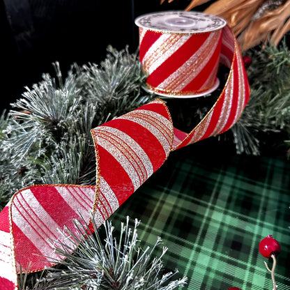 Red Gold Striped Wired Ribbon - 2 1/2" x 10 Yards, Glittery, Sparkly, Christmas Tree Decor, Gift Basket Decoration, Wreath, Swag, Garland, Boxing Day, New Year's Eve