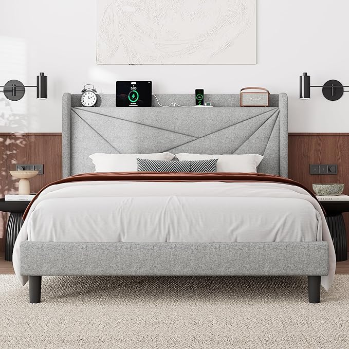 Feonase Queen Bed Frame with Charging Station, Linen Upholstered Platform