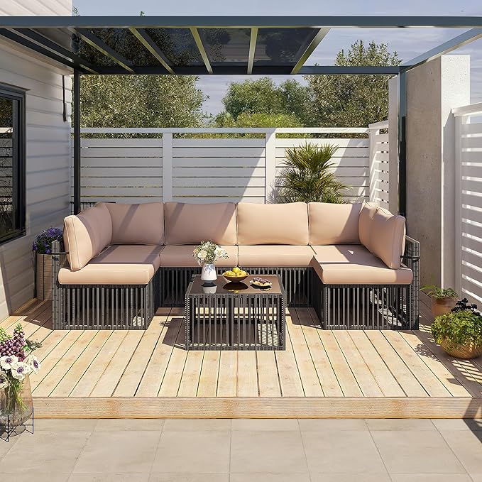 Pamapic 7-Piece Outdoor Sectional Set, Large Wicker Patio Furniture Set