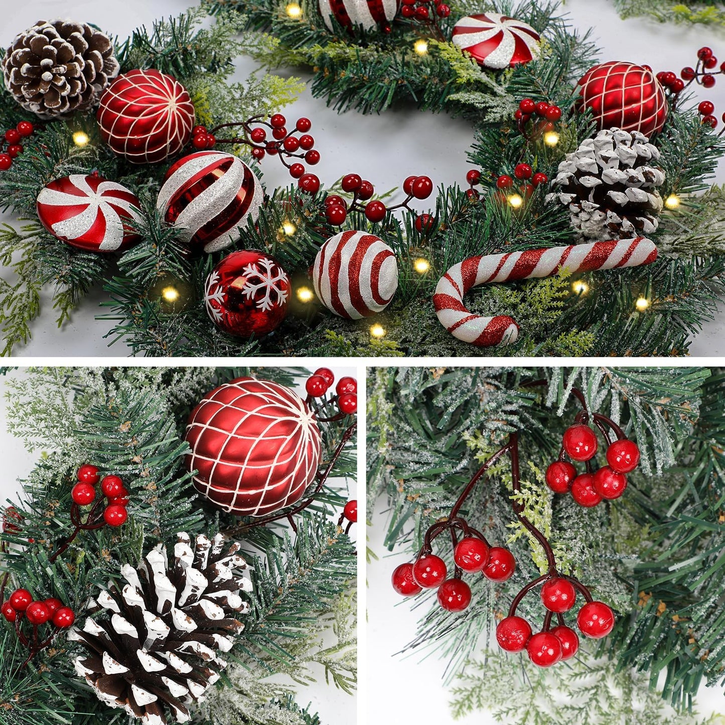 Red and White Christmas Garland 6Ft Christmas Garland Ornaments with 15 Balls, 3 Pinecones, 3 Candy Canes, LED Lights, Christmas Decorations for Fireplace Mantel Staircase Front Door Porch Holiday