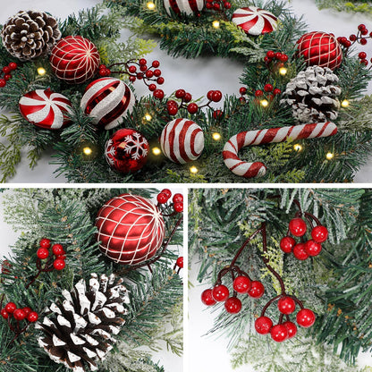 Red and White Christmas Garland 6Ft Christmas Garland Ornaments with 15 Balls, 3 Pinecones, 3 Candy Canes, LED Lights, Christmas Decorations for Fireplace Mantel Staircase Front Door Porch Holiday