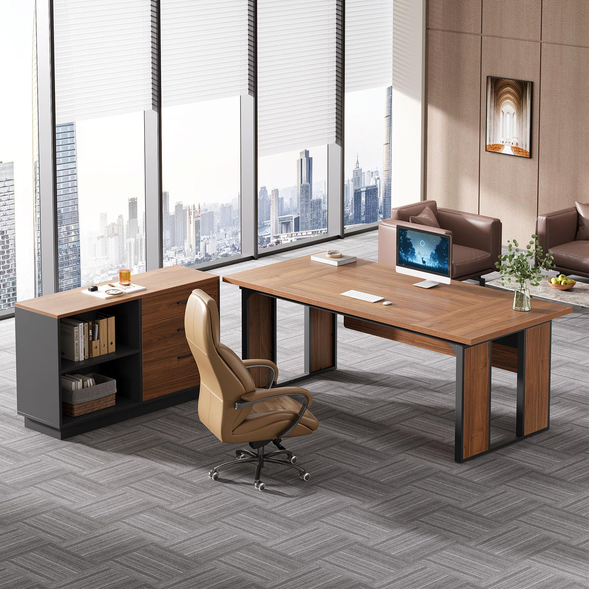 Tribesigns 63‘’ L-Shaped Executive Desk, Office Table with 39.37-Inch Drawers Cabinet, Large Computer Desk with Storage Shelves, Business Furniture Set for Home Office, Brown & Black