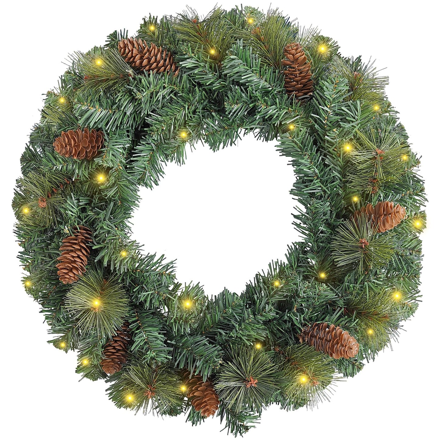 FR Artificial Pre-Lit Fir Christmas Wreath Holiday Accent Decoration, Wintry Pine, Decorated with Pine Cones, with LED Lights Battery Operated for Door, Mantel - 16 Inch