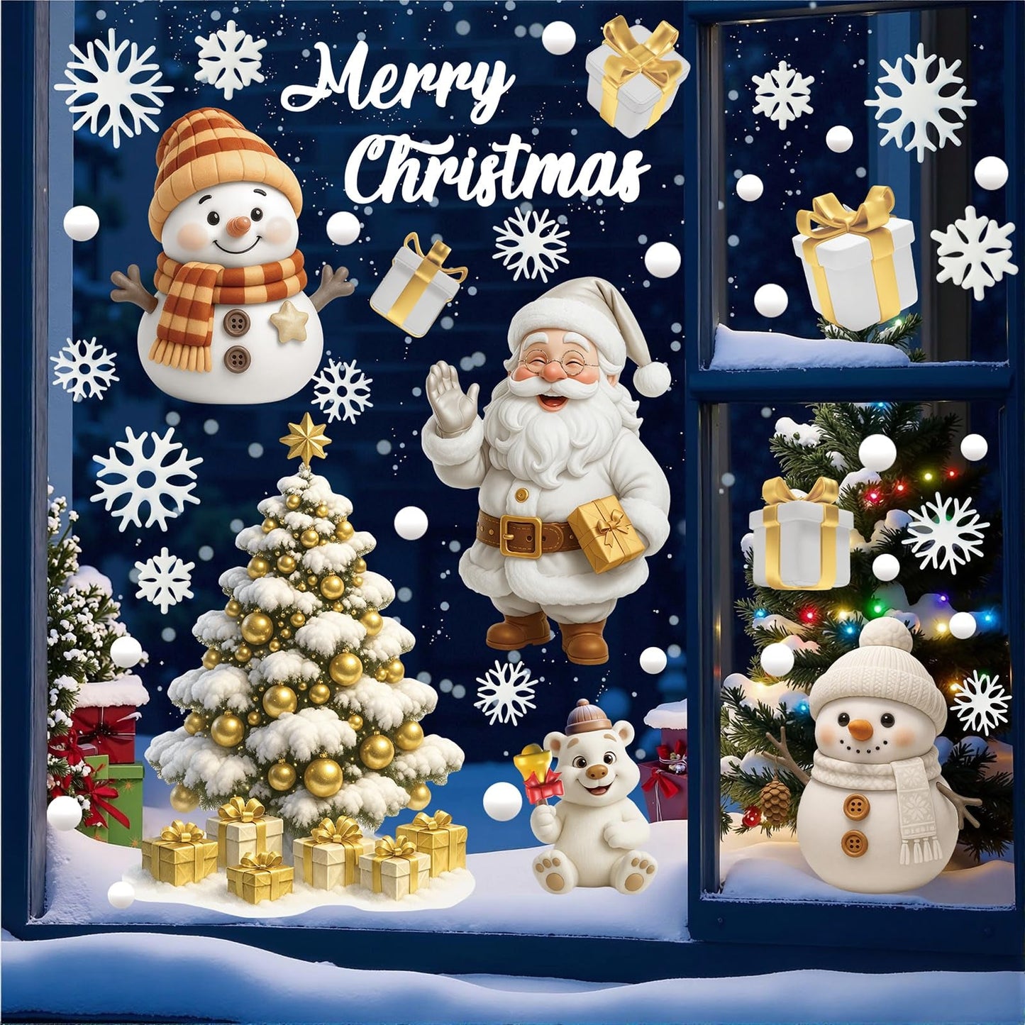 TOARTi White Christmas Window Clings Double-Side Christmas Tree Glass Decals 3D Xmas Tree Window Stickers White Snowman Snowflakes Decal Xmas Winter Wonderland Themed Party