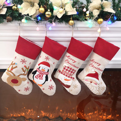 Bstaofy 18'' Rustic Christmas Stockings Set of 4 Felt Santa Reindeer Snowman Penguin Stockings Xmas Tree Ornaments Party Decor for Kids Family