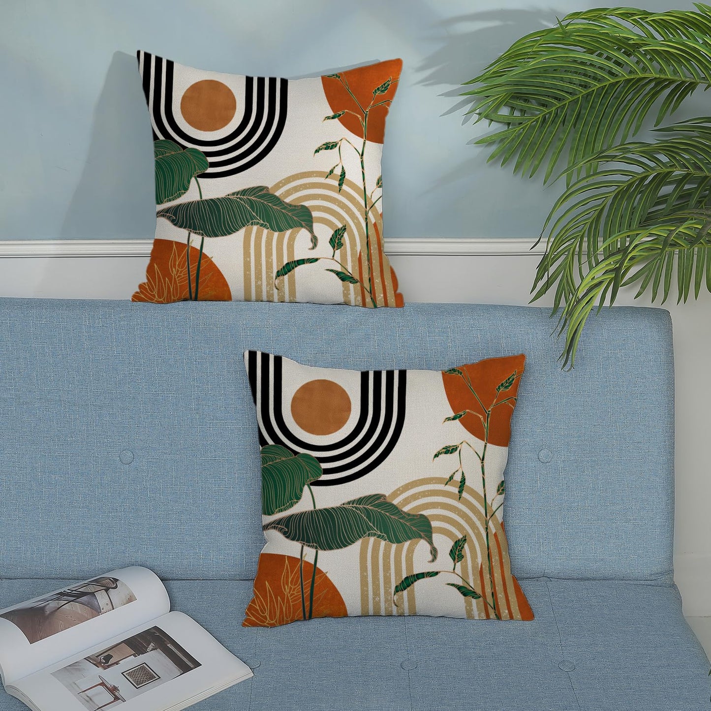 JEFERSO Boho Orange Pillow Covers 18x18 Set of 2 Gold Green Leaf Tropical Mid Century Throw Pillows Outdoor Bohemian Abstract Modern Decorative Pillowcase Farmhouse Cushion Case for Couch Sofa Decor