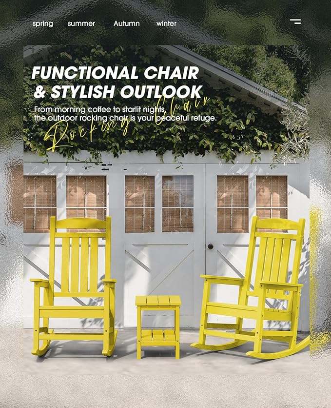 KINGYES Outdoor Rocking Chair Set of 2, High Density Polyethylene Patio Rocking Chairs with 330lbs Support for Adults, Yellow
