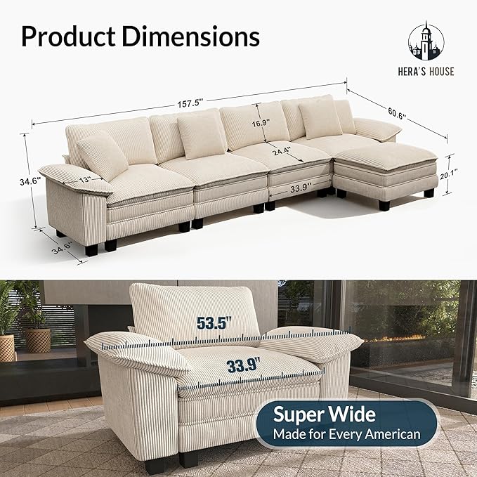 HERA'S HOUSE 158" Modular Sectional Sofa, Oversized L Shaped Couches