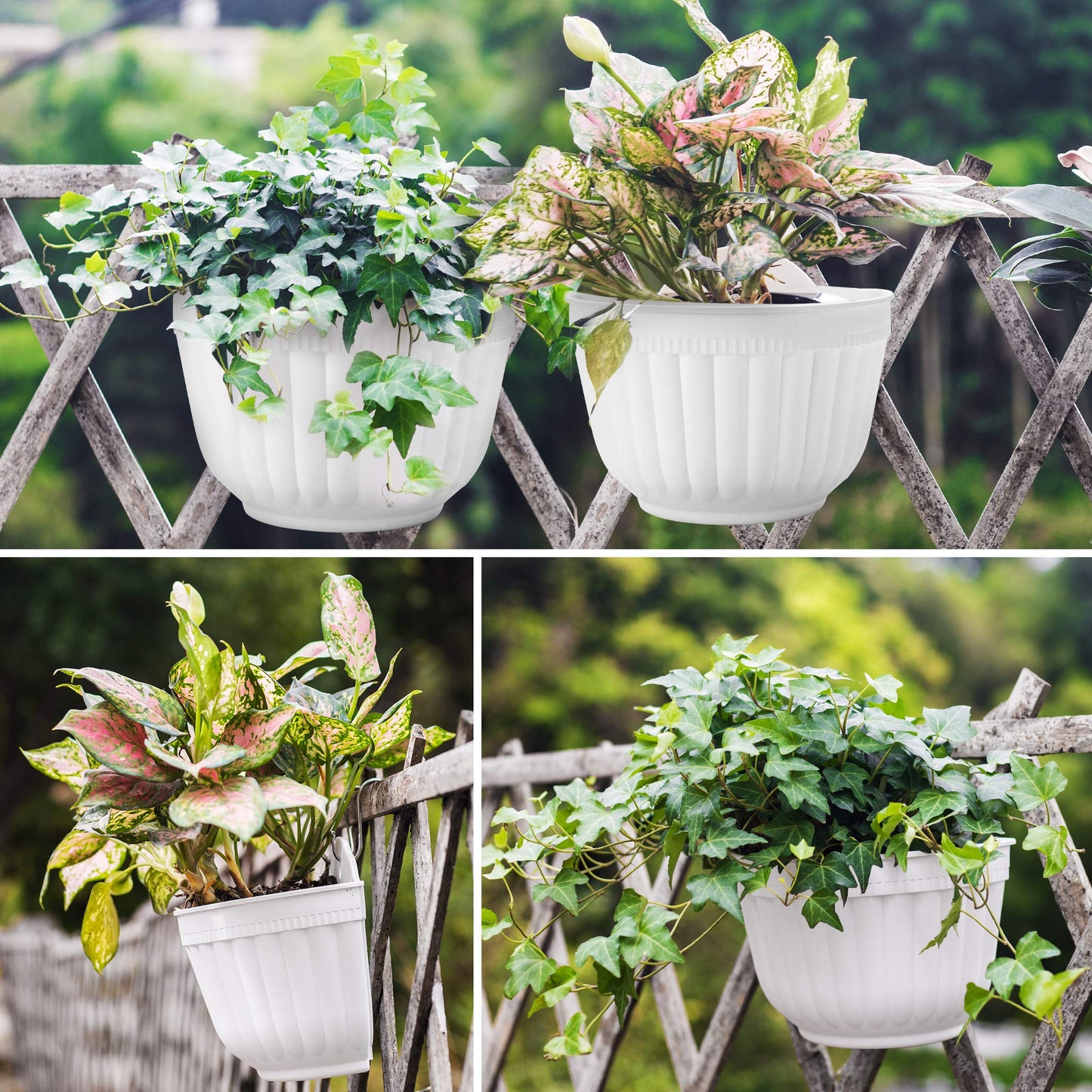 2 Pack White Plastic Wall Hanging Planters for Indoor Plants Wall Hanging Plant Holder with Drainage Hole Balcony Planters Railing Hanging Pot Fence Vertical Living Wall Mount Decor with Hooks