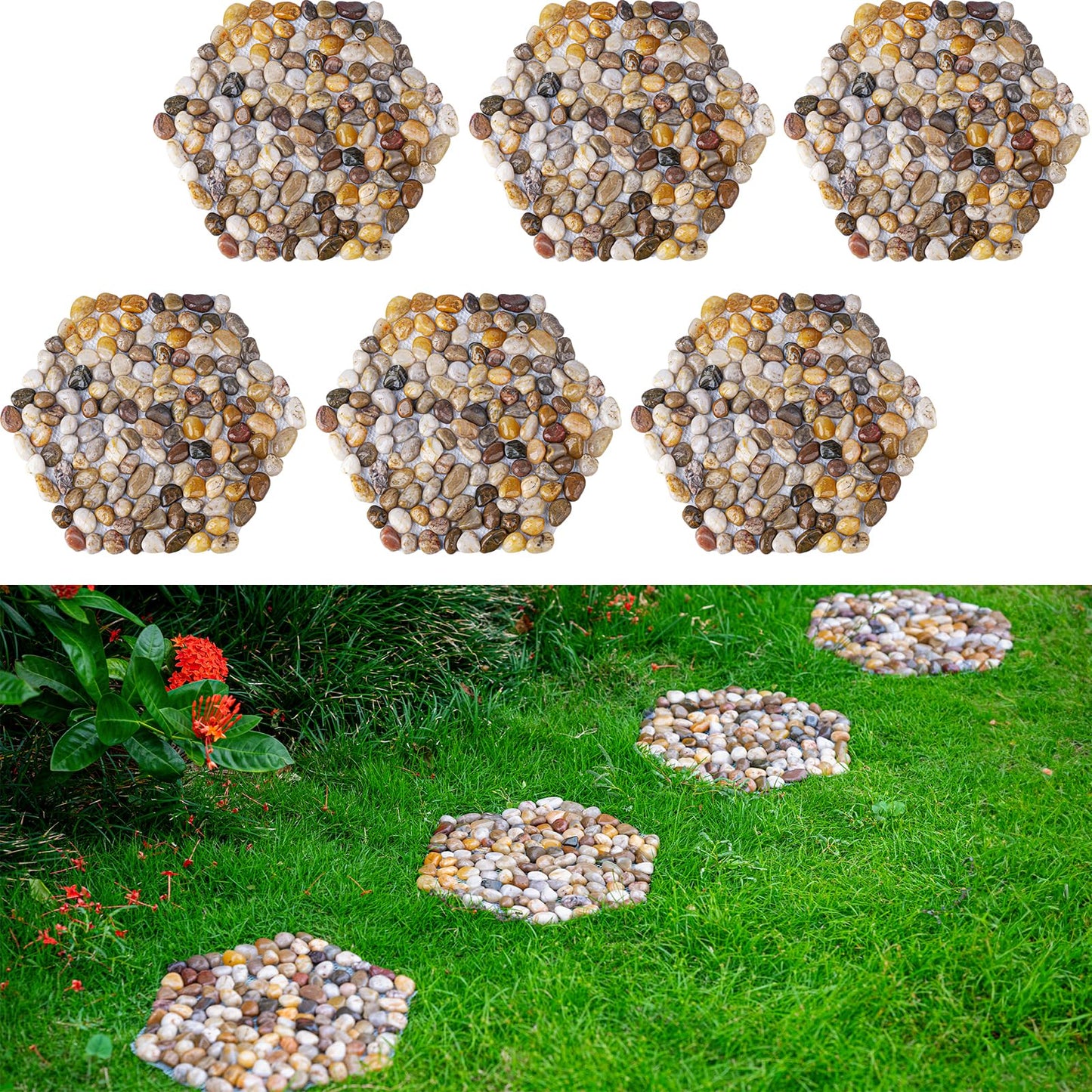 Stepping Stones Outdoor, Natural River Rock Garden Pavers, Set of 6 Round Pebble Stones for Walkway, Yard, Lawn, Patio, Pathway & Landscaping Decor (Hexagon)