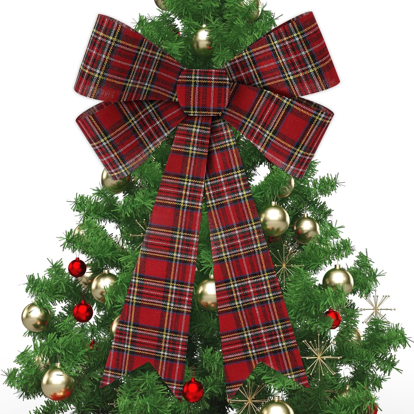 1 PCS Christmas Tree Bows, 9x12 In Large White Black Red Velvet Bows for Christmas Tree, Buffalo Plaid Plastic Big Christmas Bow for Xmas Decorations Wreath Stairs Railing Fireplace Front Door Decor