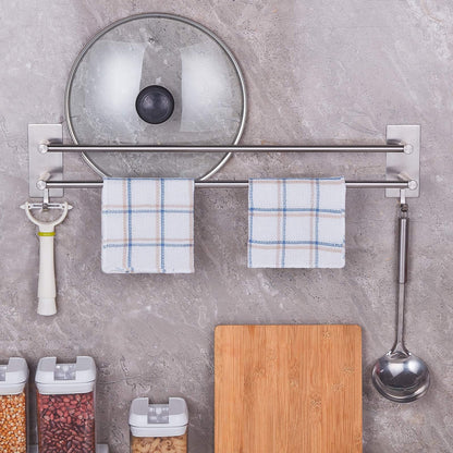 JS Towel Rail Self Adhesive Towel Holder Hanger SUS304 Stainless Steel Towel Rack 43.5cm/17.1 inch Anti-rust Dual Rod Towel Shelf Bar with 2 Hooks Multi-Function for Bathroom Shower Kitchen