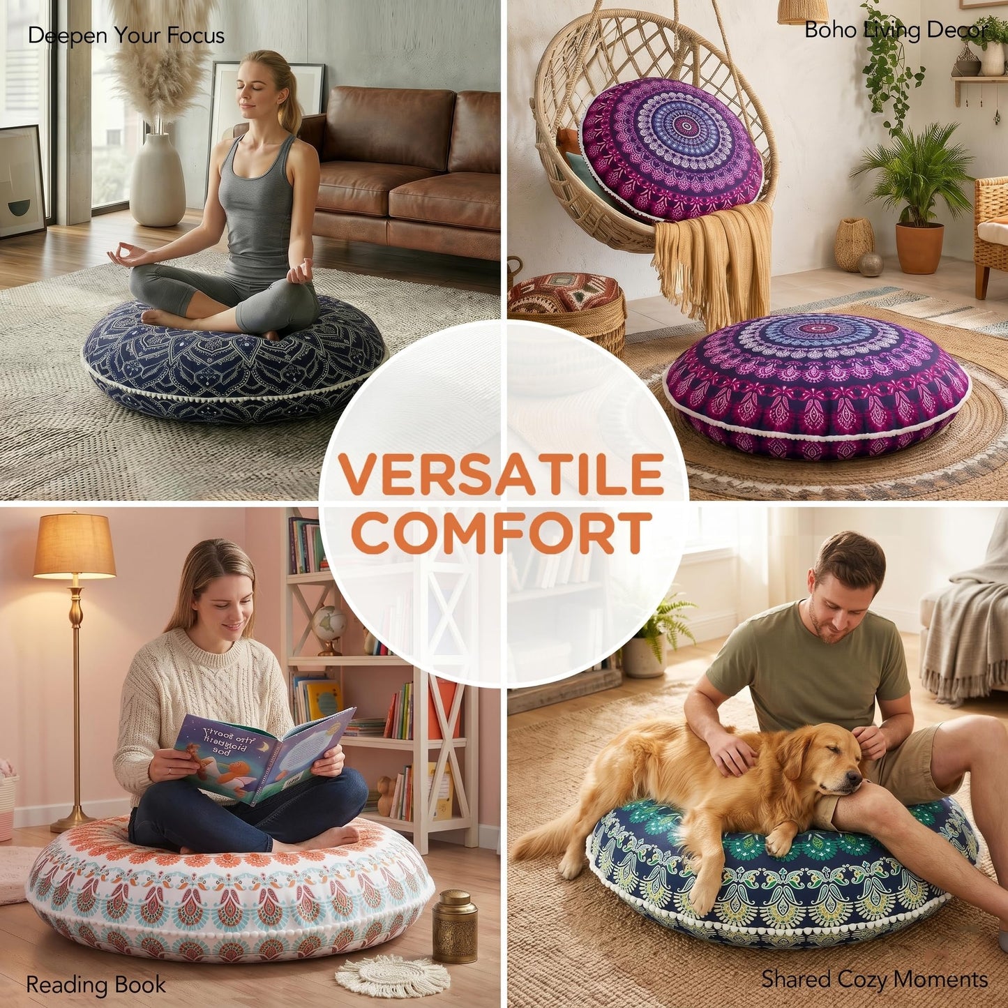 Codi Floor Pillows for Adults & Teens Set of 2, Large Boho Meditation Cushions with Memory Foam, Round Mandala Seating for Yoga, Home Office, Dorm Room, Washable, 32 Inch, Coral