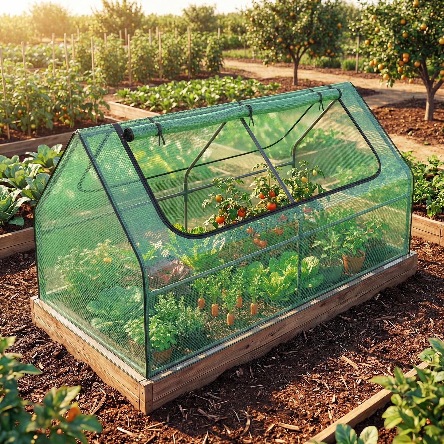 Giantex 3-in-1 Metal Raised Garden Bed with Greenhouse Cover, 6x3x3 FT Metal Elevated Outdoor Planter Box with Roll-Up Windows, Open Base Grow Box for Vegetables, Flowers and Herbs, Green